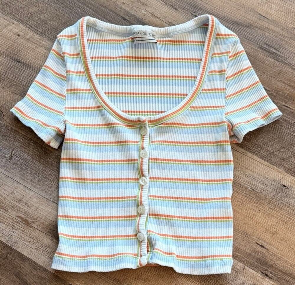 Urban Outfitters Striped Ribbed Baby Tee Cropped Button Front Small